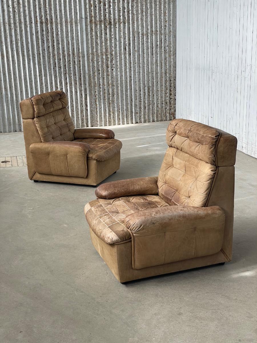 Pair vintage loungechairs in brown patchwork leather 1970s 