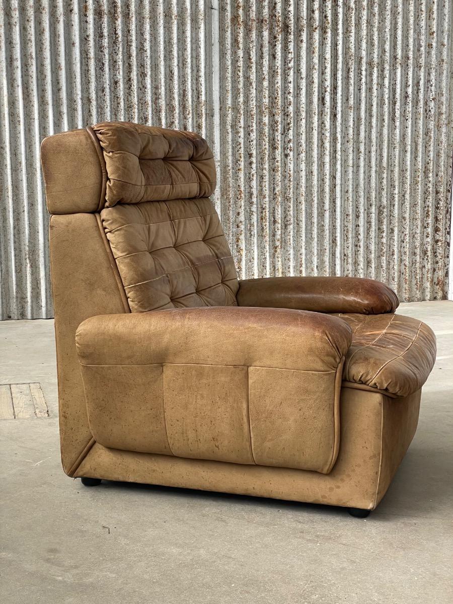 Pair vintage loungechairs in brown patchwork leather 1970s 