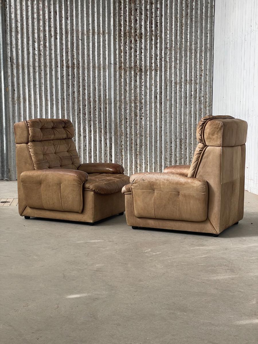 Pair vintage loungechairs in brown patchwork leather 1970s 
