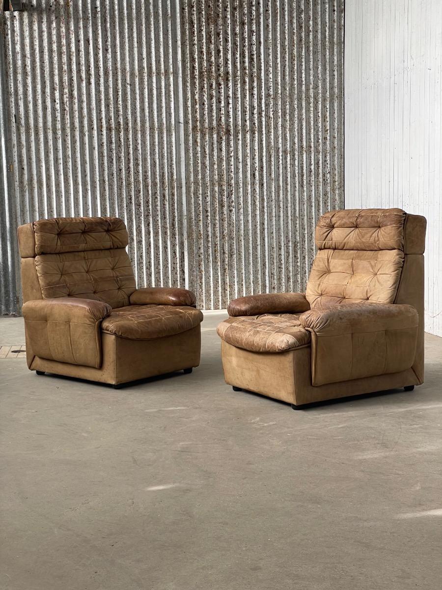 Pair vintage loungechairs in brown patchwork leather 1970s 