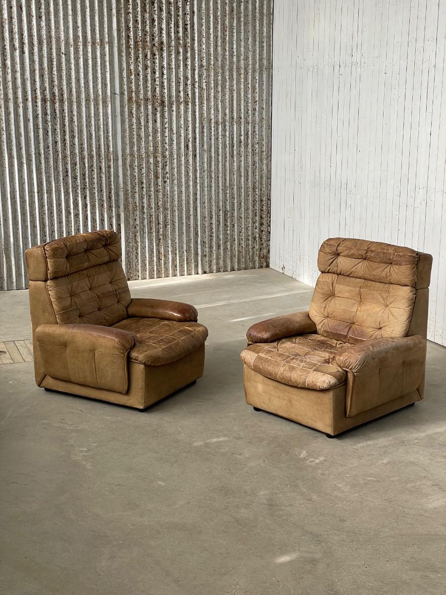 Pair vintage loungechairs in brown patchwork leather 1970s 