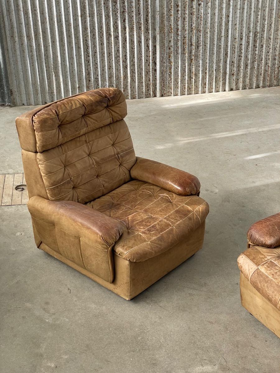 Pair vintage loungechairs in brown patchwork leather 1970s 