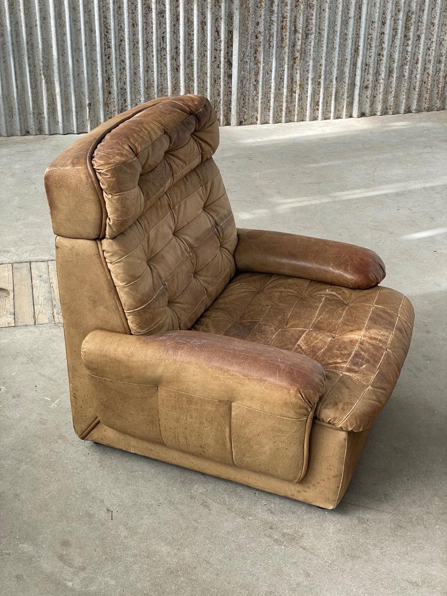 Pair vintage loungechairs in brown patchwork leather 1970s 