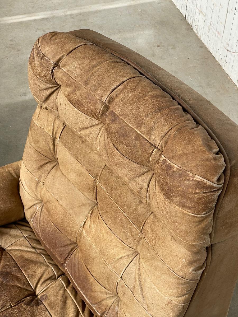 Pair vintage loungechairs in brown patchwork leather 1970s 