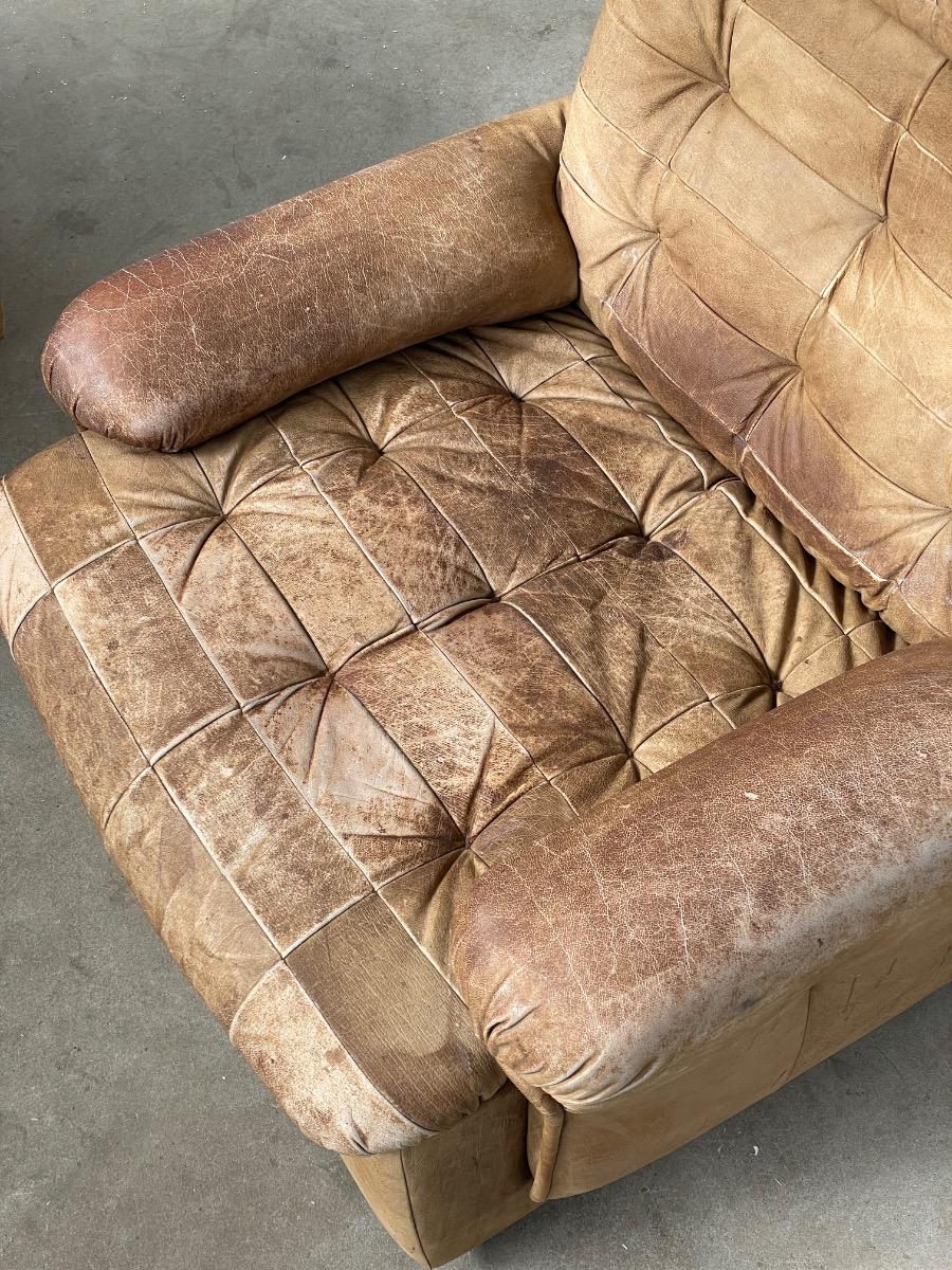 Pair vintage loungechairs in brown patchwork leather 1970s 