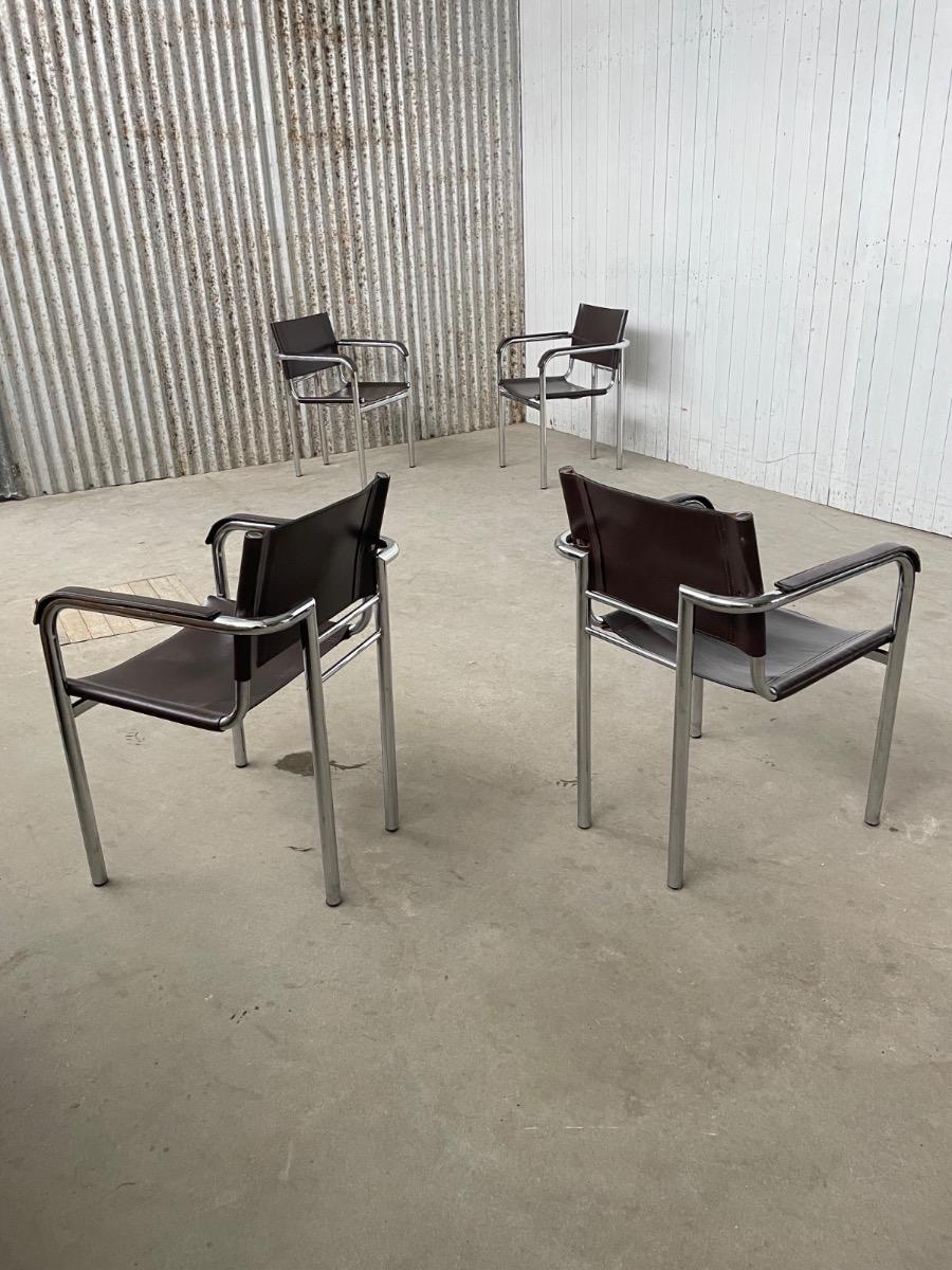 Set 4 Dining chairs - by Bauhaus style - Brown Leather - 1970s