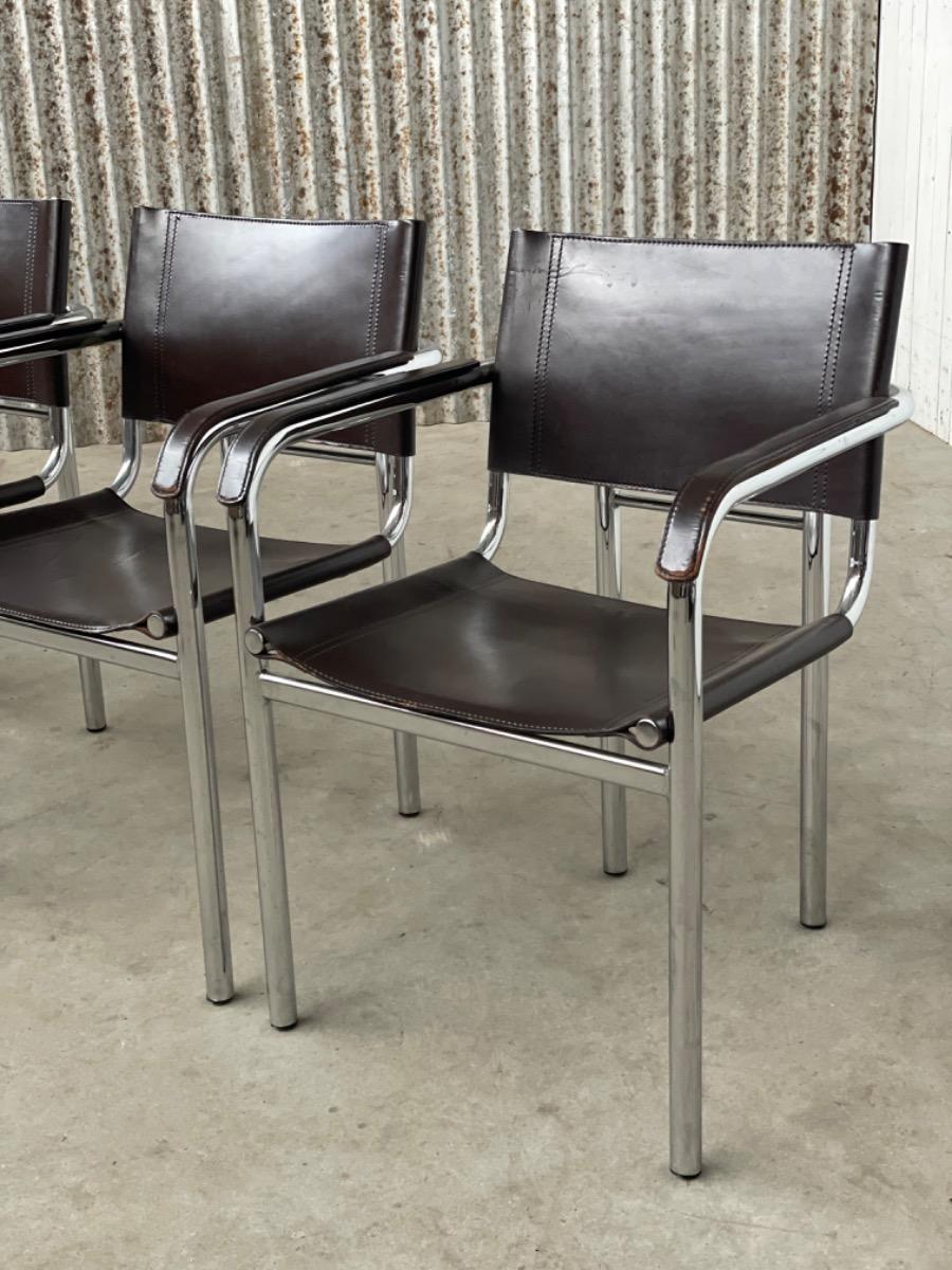 Set 4 Dining chairs - by Bauhaus style - Brown Leather - 1970s