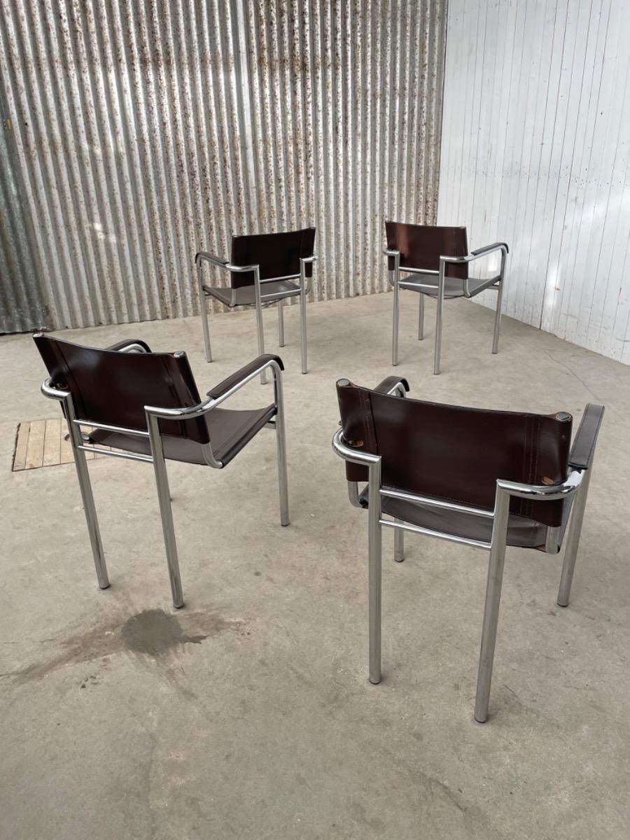 Set 4 Dining chairs - by Bauhaus style - Brown Leather - 1970s