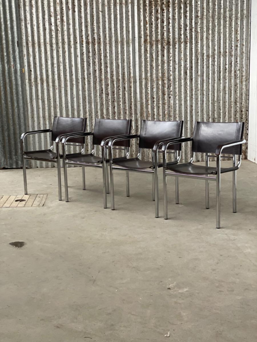 Set 4 Dining chairs - by Bauhaus style - Brown Leather - 1970s