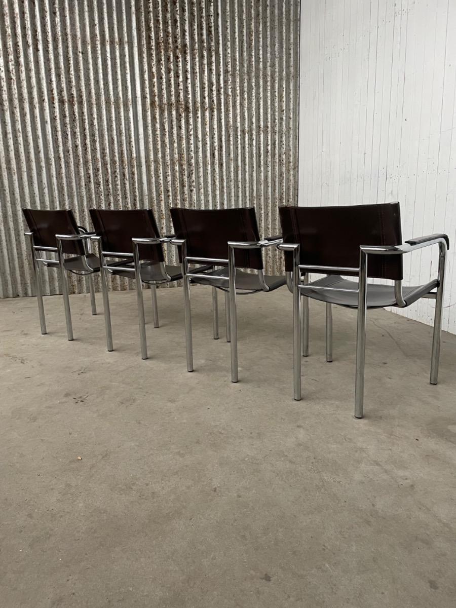 Set 4 Dining chairs - by Bauhaus style - Brown Leather - 1970s