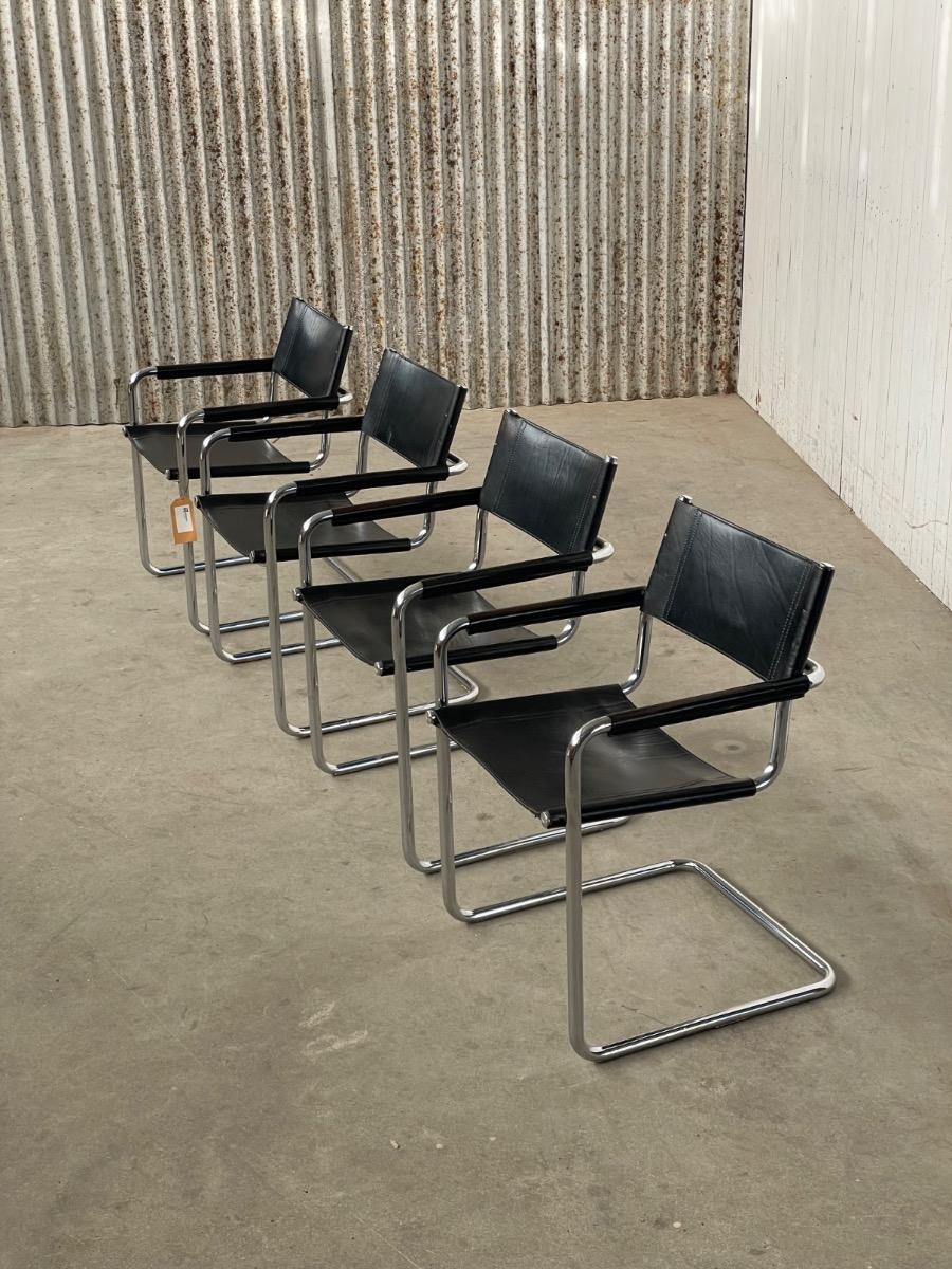 Set 4x Mart Stam S34 dining chairs in black leather, 1970s