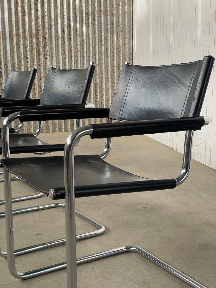 Set 4x Mart Stam S34 dining chairs in black leather, 1970s
