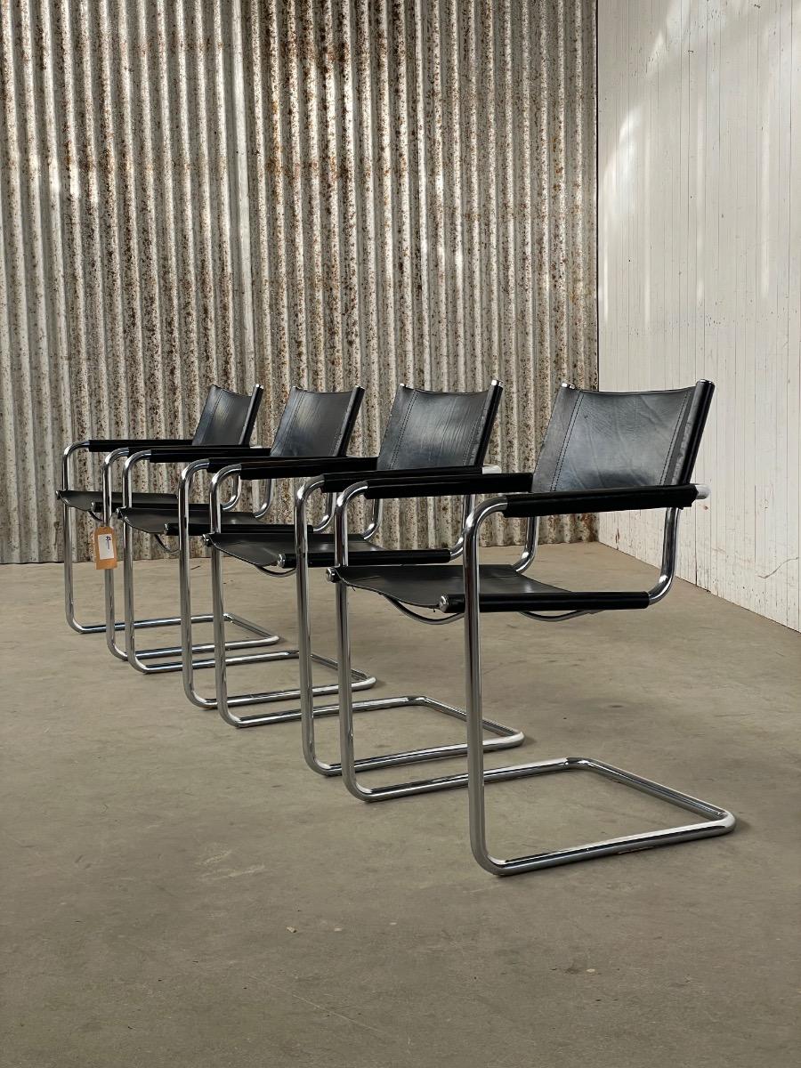 Set 4x Mart Stam S34 dining chairs in black leather, 1970s