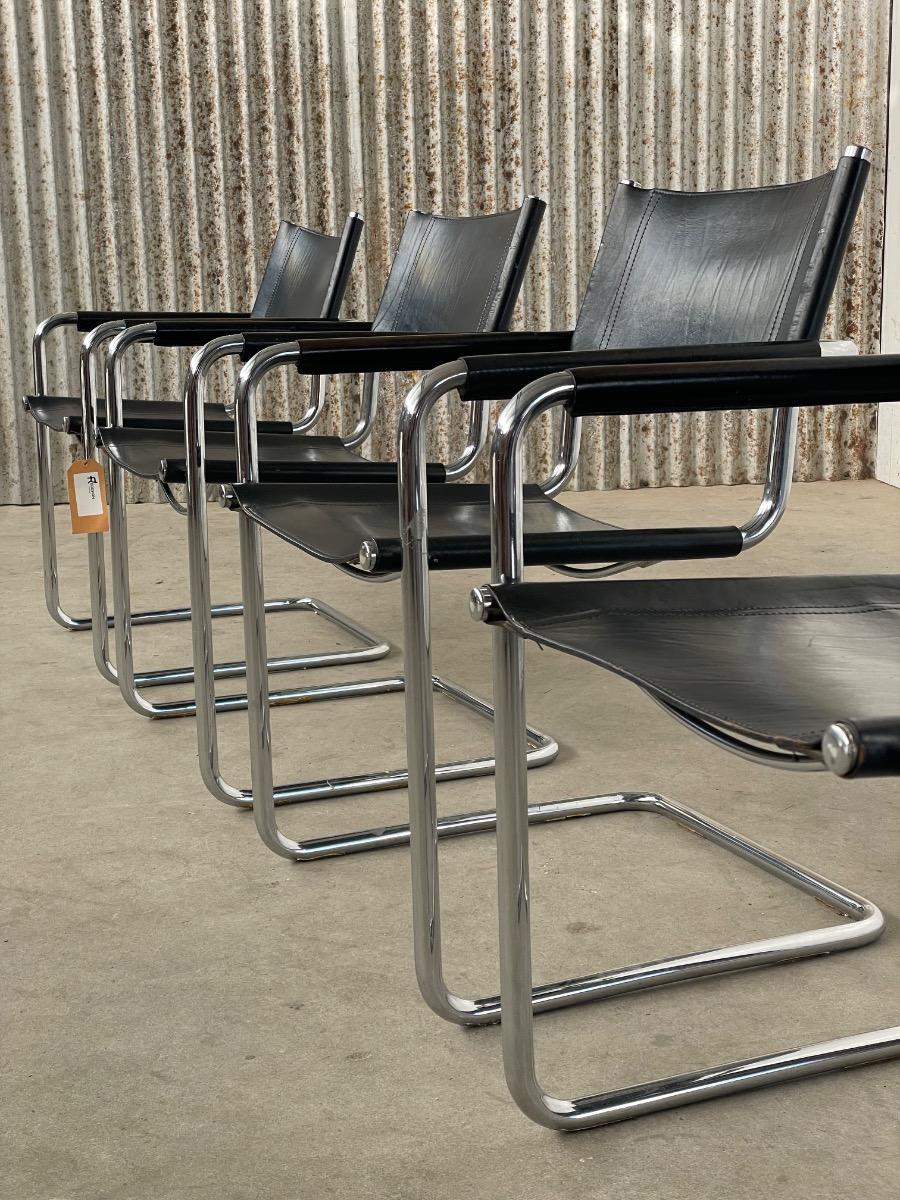 Set 4x Mart Stam S34 dining chairs in black leather, 1970s