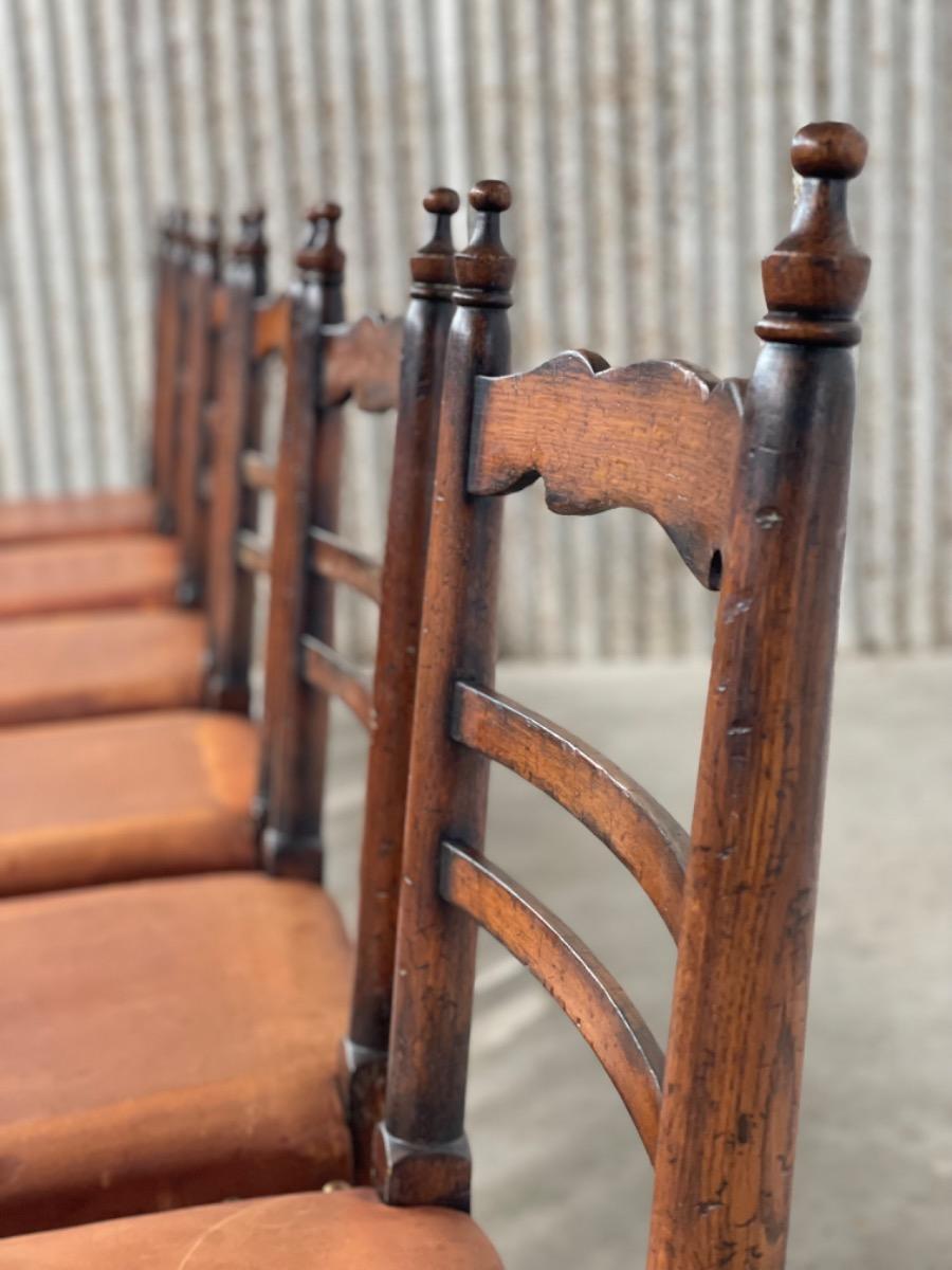 Set 6x Brutalist oak and leather dining chairs