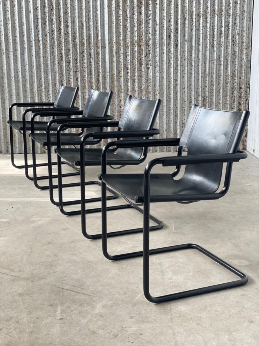 Set black leather Dining Chairs Vintage by Linea Veam, Italy 1980s