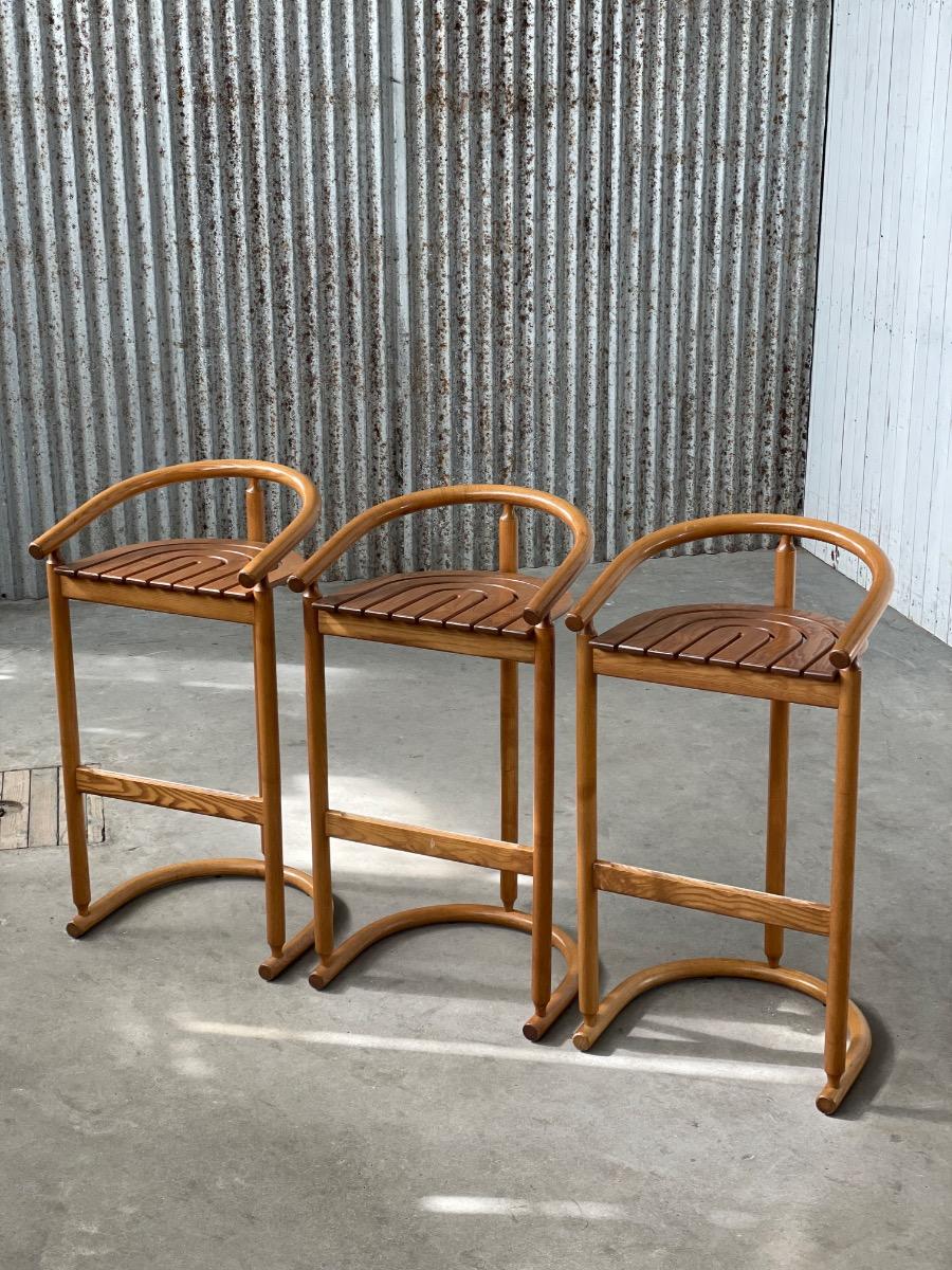 Set of 3 Allmilmö Bar Stools – Ash Wood – 1980s