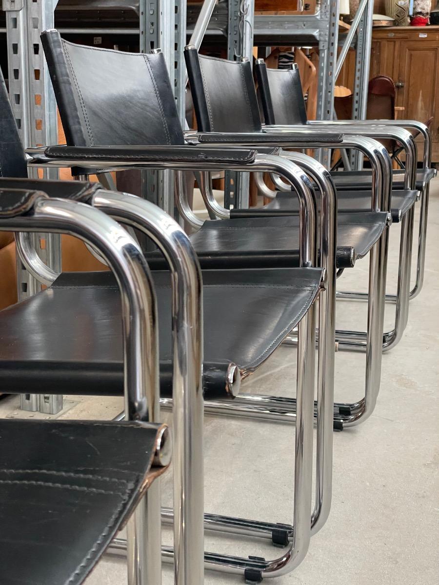 Set of 6 Mart Stam dining chairs in black leather 1980s 