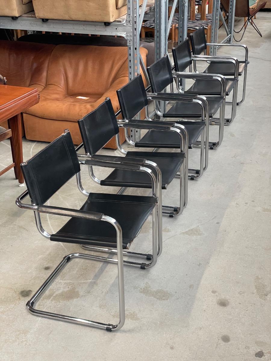 Set of 6 Mart Stam dining chairs in black leather 1980s 