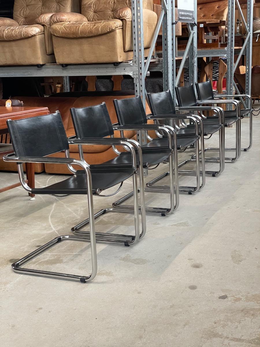 Set of 6 Mart Stam dining chairs in black leather 1980s 
