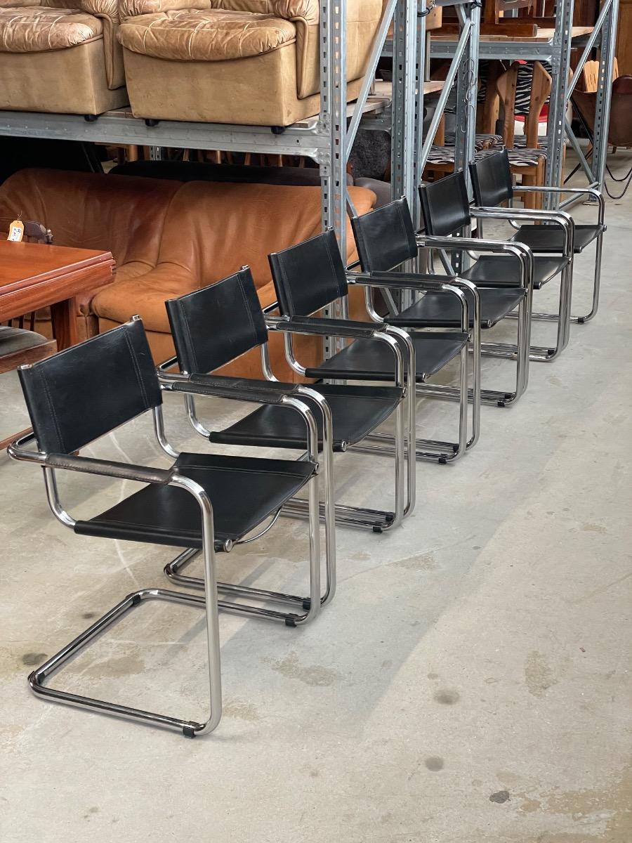 Set of 6 Mart Stam dining chairs in black leather 1980s 