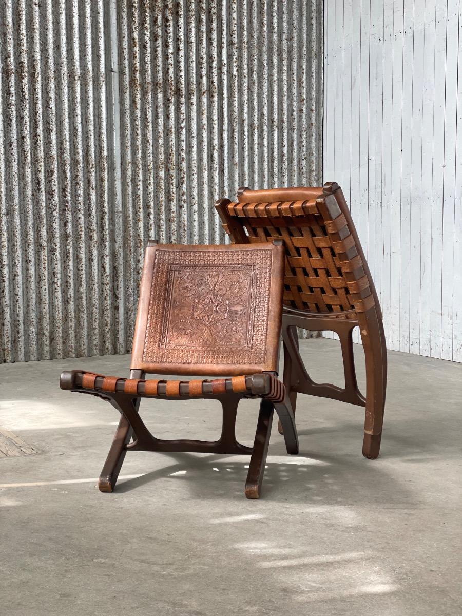 Set of Vintage Angel I. Pazmiño Armchairs – Leather & Wood – 1960s