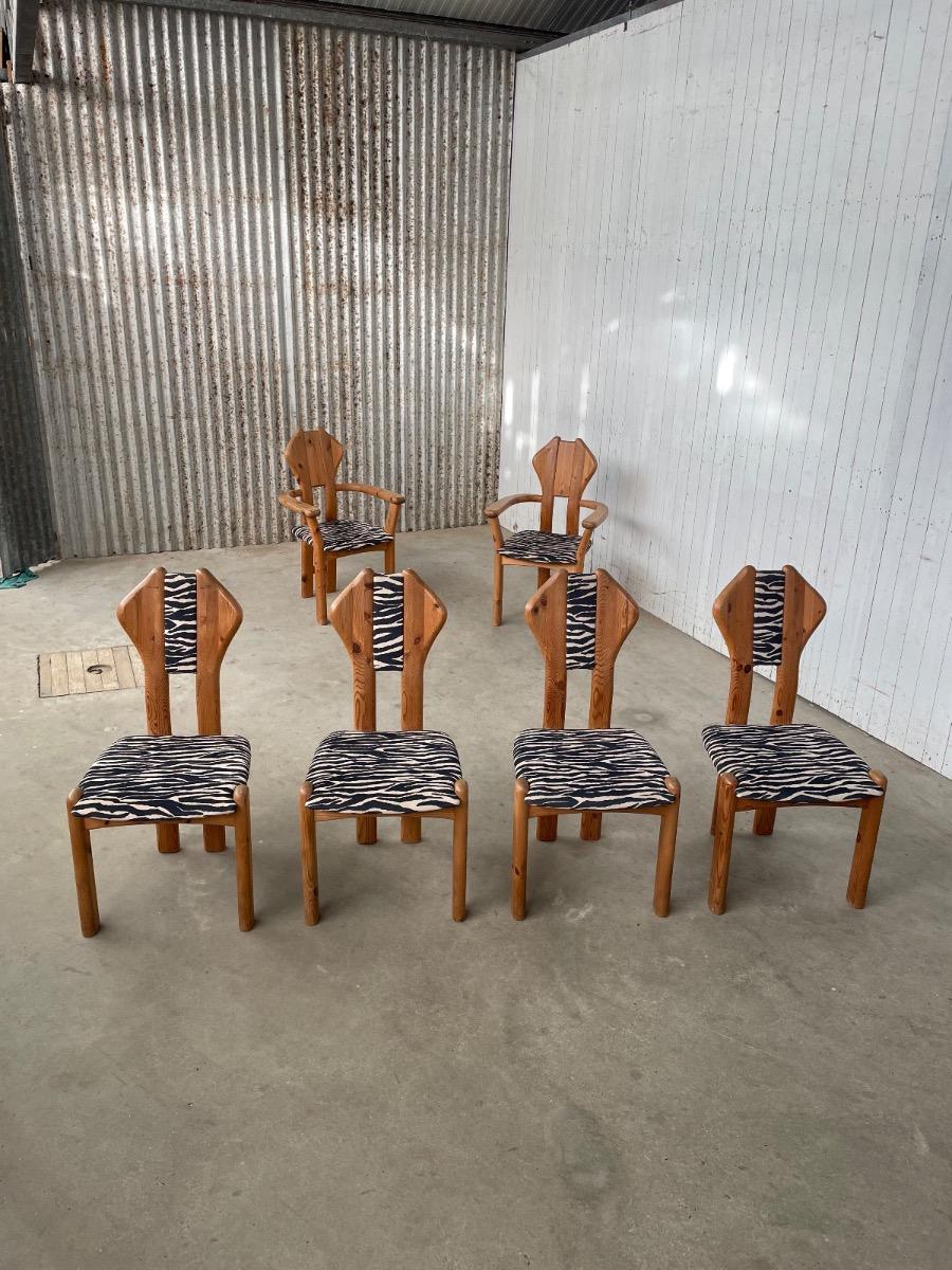 Set pine wood dining chairs in zebra print fabric 1980s