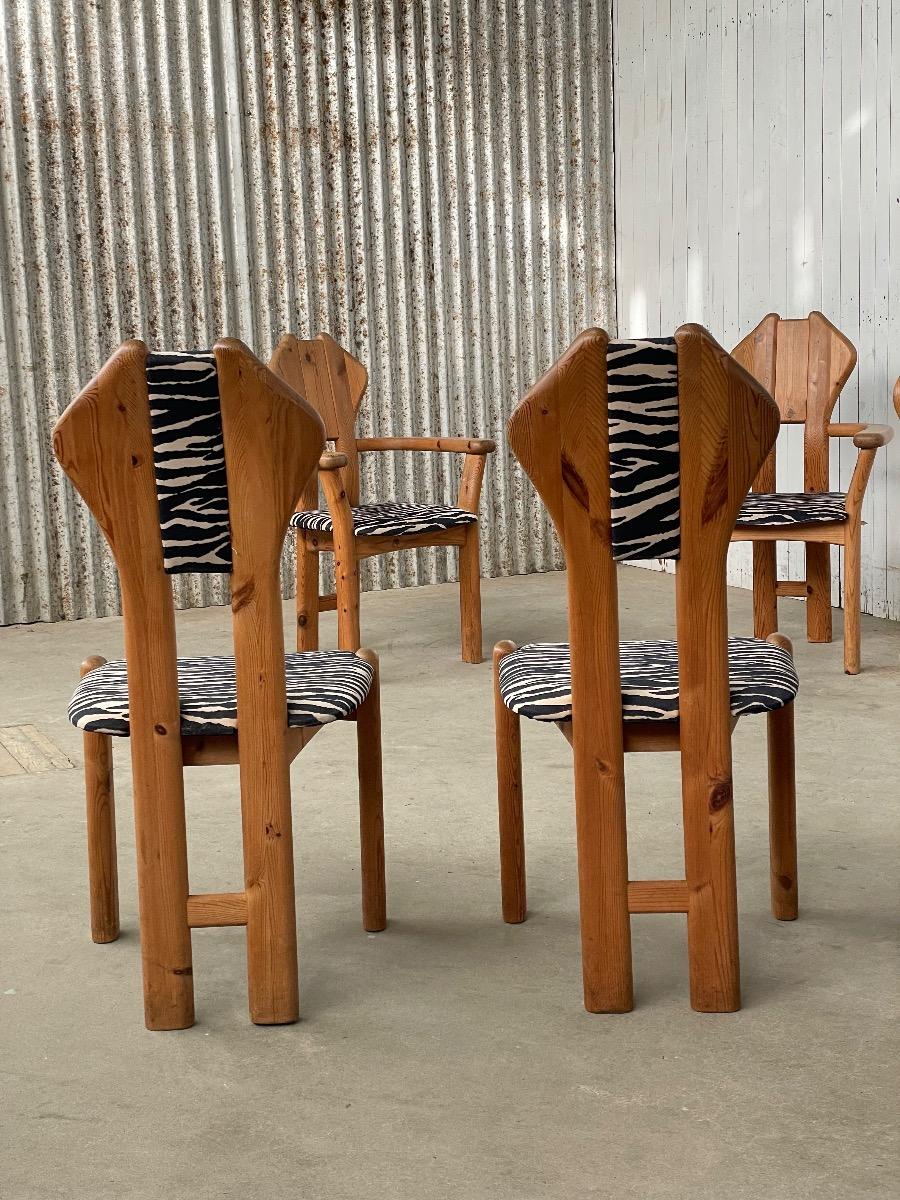 Set pine wood dining chairs in zebra print fabric 1980s