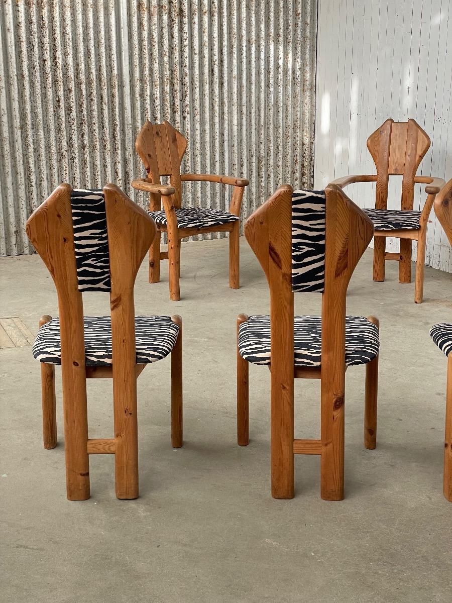 Set pine wood dining chairs in zebra print fabric 1980s