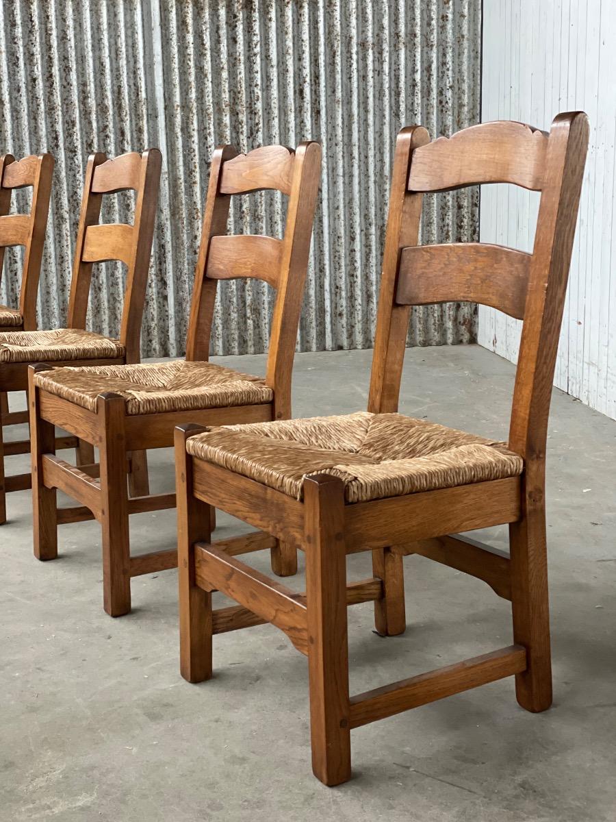 Set Vintage Oak and Rush dining chairs 1960s 
