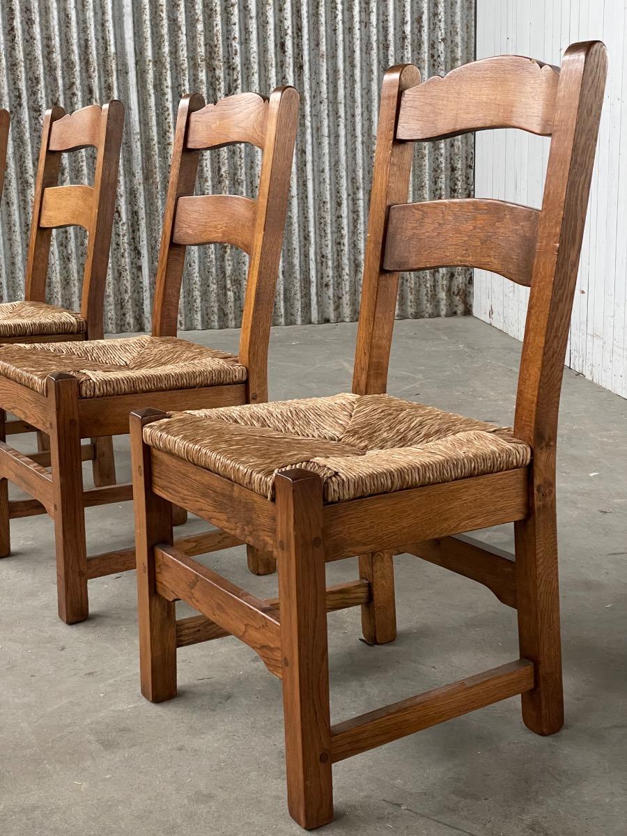 Set Vintage Oak and Rush dining chairs 1960s 