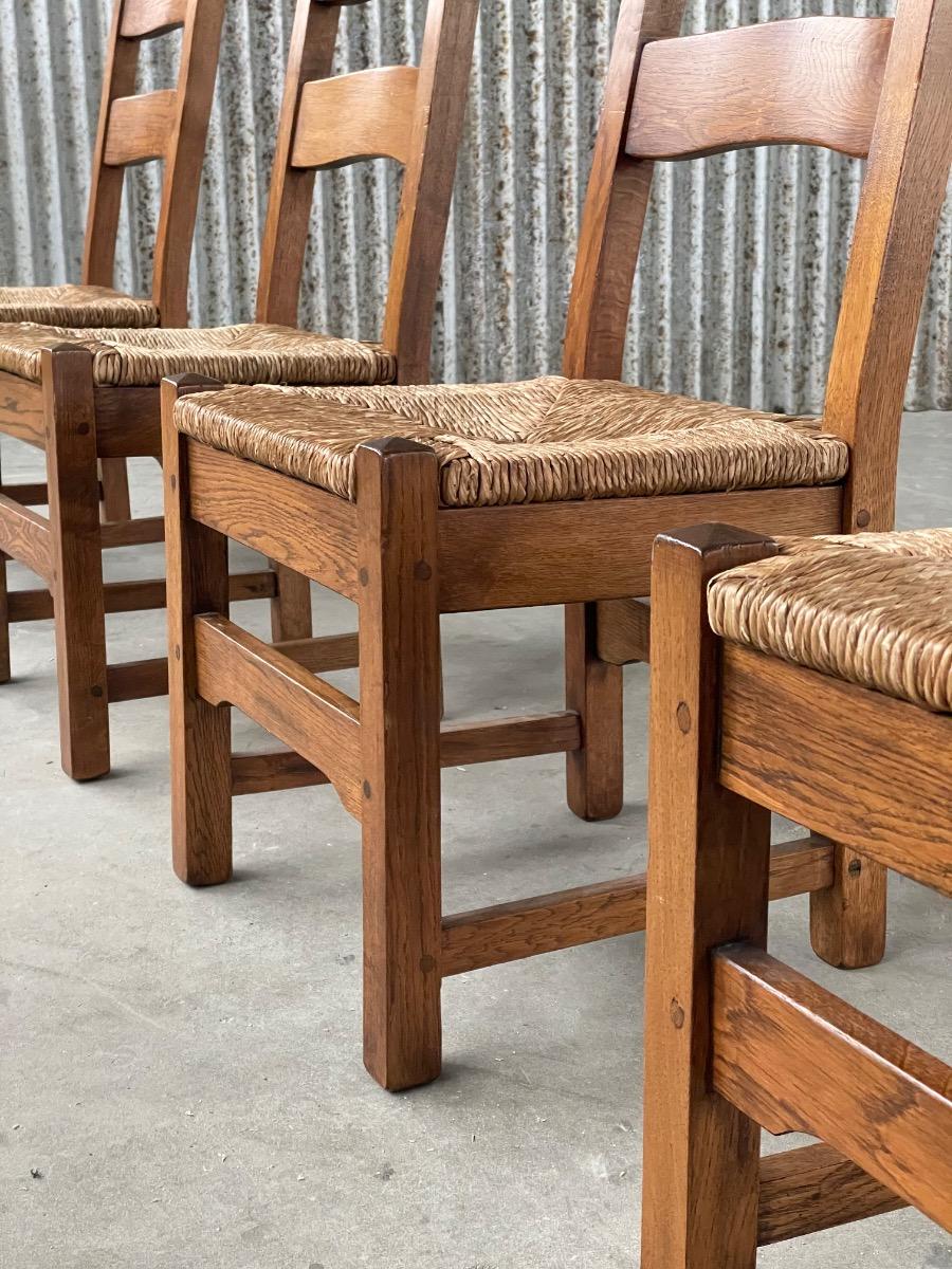 Set Vintage Oak and Rush dining chairs 1960s 