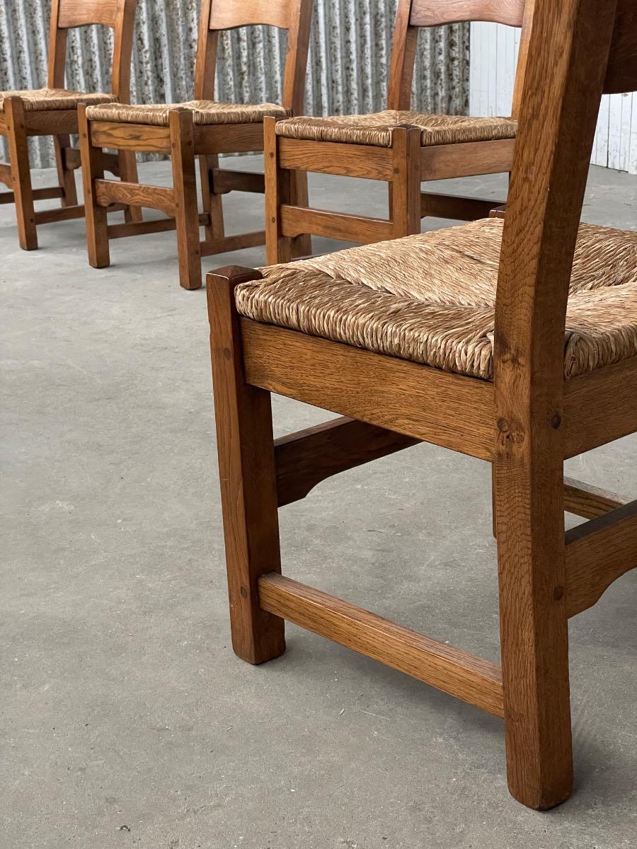 Set Vintage Oak and Rush dining chairs 1960s 