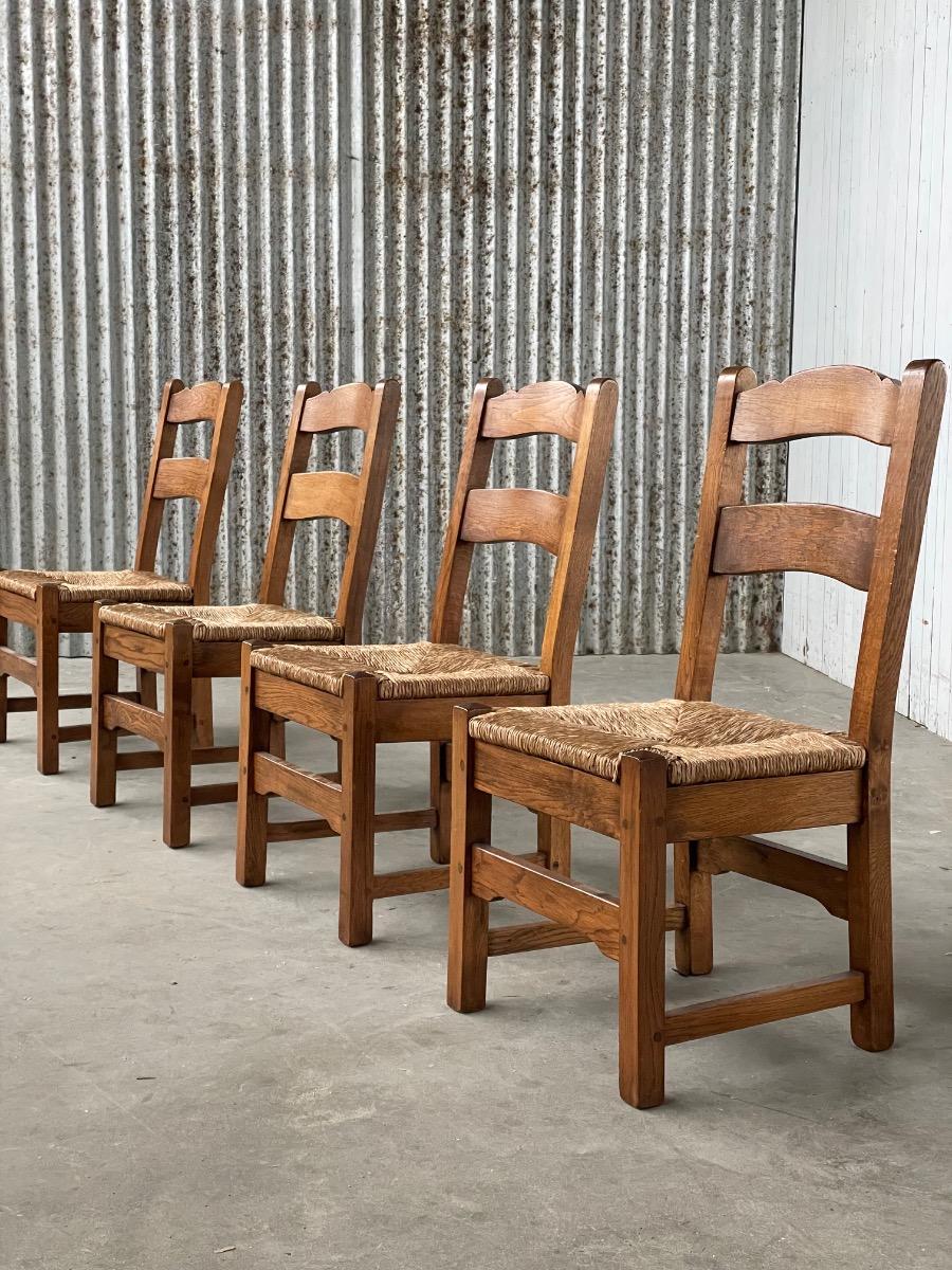 Set Vintage Oak and Rush dining chairs 1960s 
