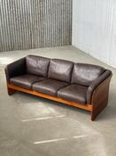 Vintage 3-seat leather and teak sofa Mikael Laursen 1960s