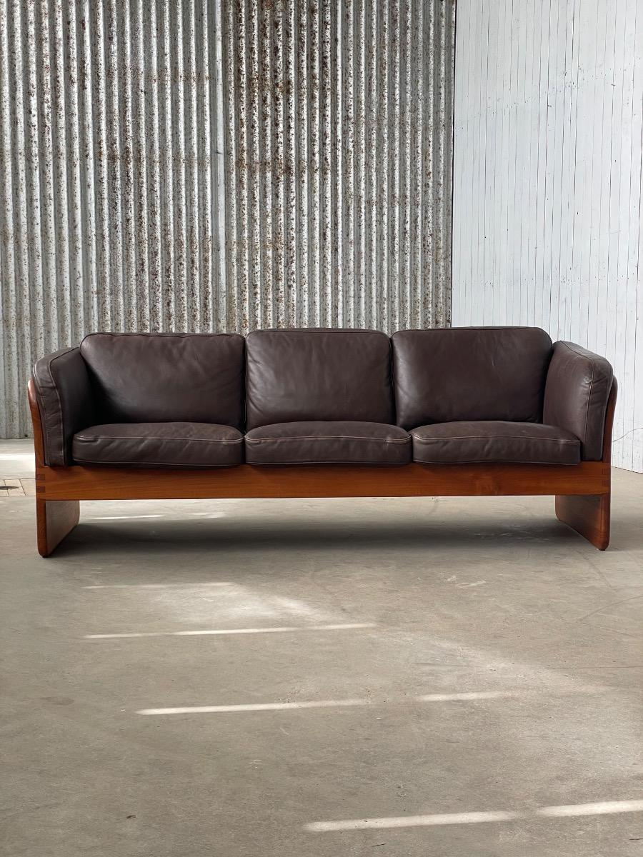 Vintage 3-Seater Leather and Teak Sofa by Mikael Laursen – 1960s