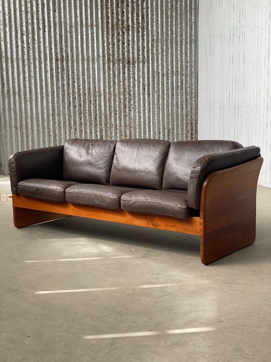 Vintage 3-Seater Leather and Teak Sofa by Mikael Laursen – 1960s