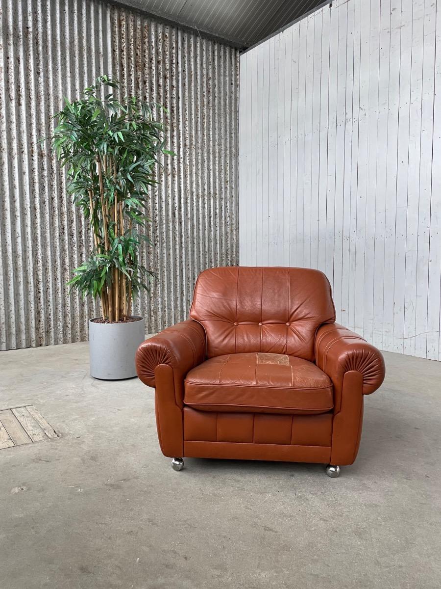 Vintage Armchair on wheels - Brown leather - 1970s - design 