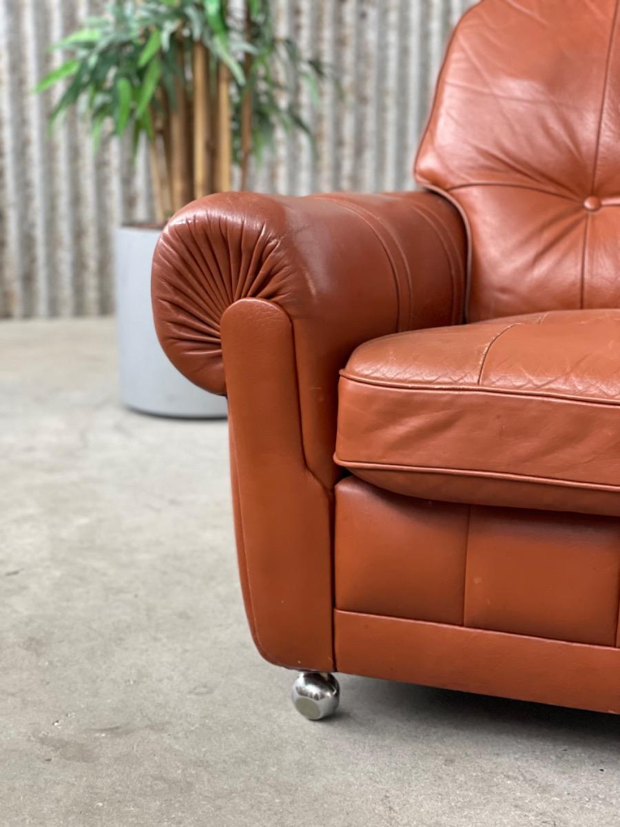 Vintage Armchair on wheels - Brown leather - 1970s - design 