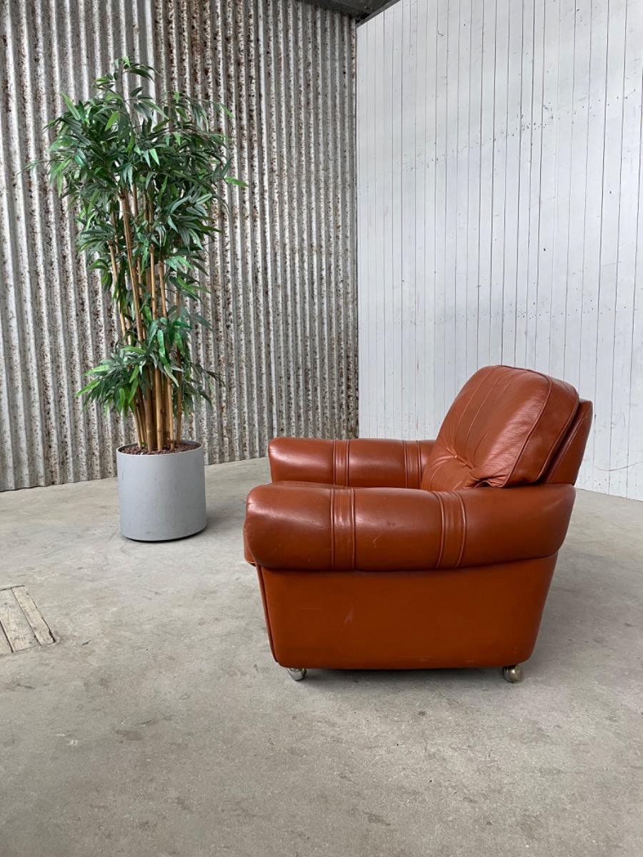 Vintage Armchair on wheels - Brown leather - 1970s - design 