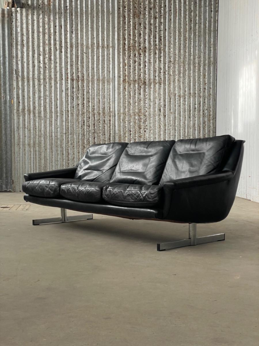 Vintage black leather 3-seat sofa 1960s 
