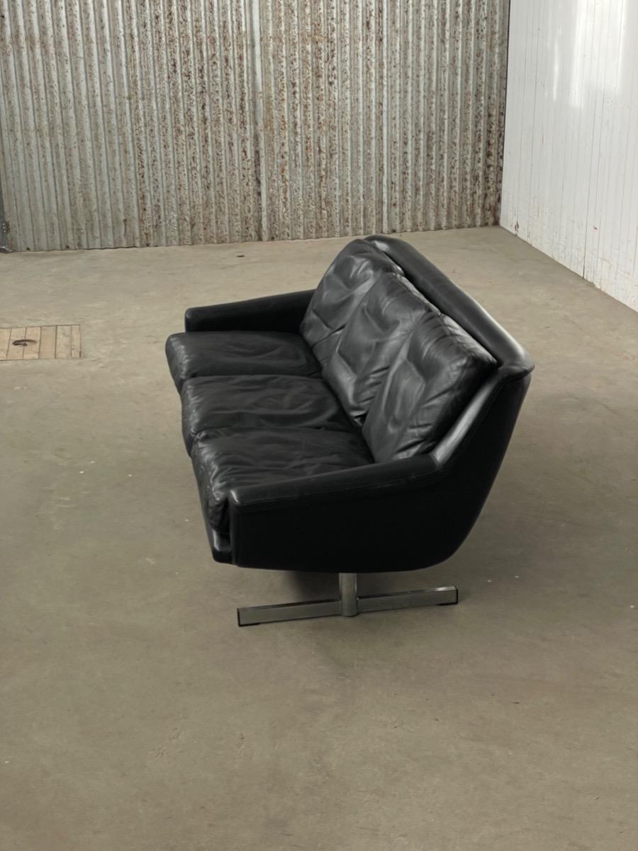 Vintage black leather 3-seat sofa 1960s 