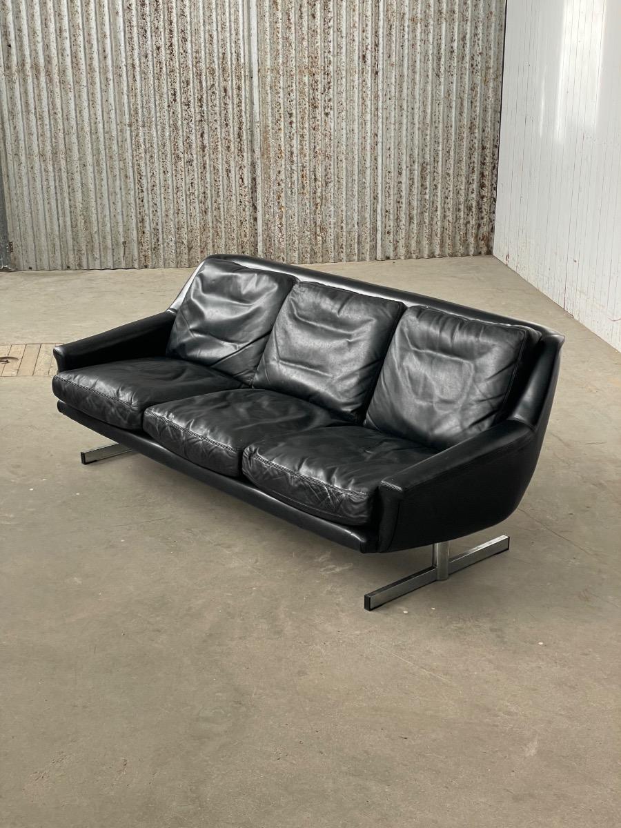 Vintage black leather 3-seat sofa 1960s 