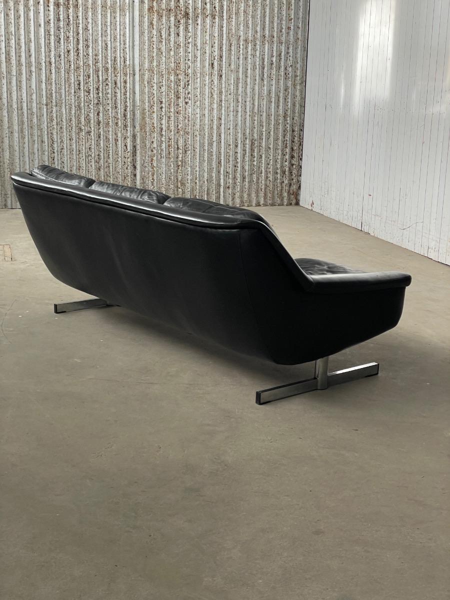 Vintage black leather 3-seat sofa 1960s 
