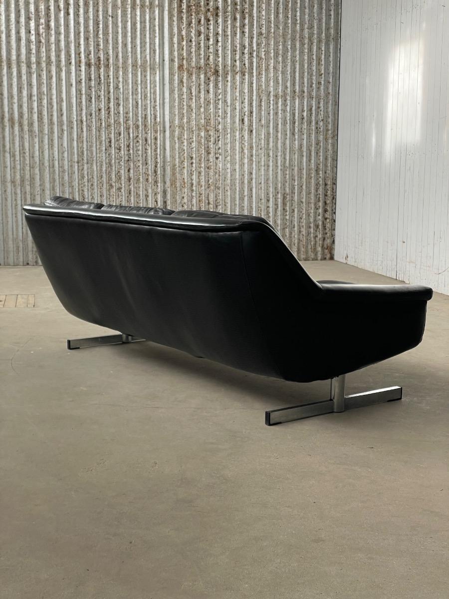 Vintage black leather 3-seat sofa 1960s 