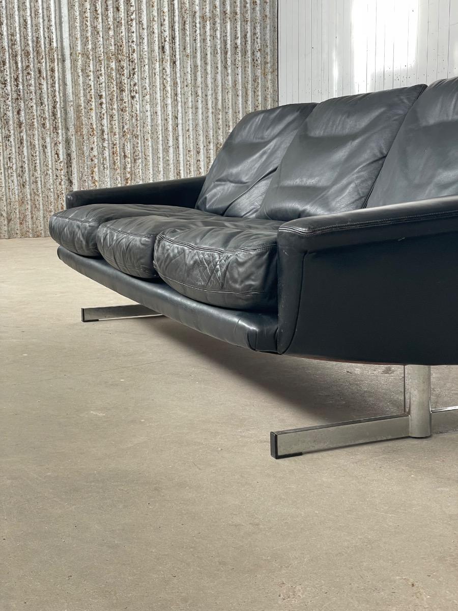 Vintage black leather 3-seat sofa 1960s 
