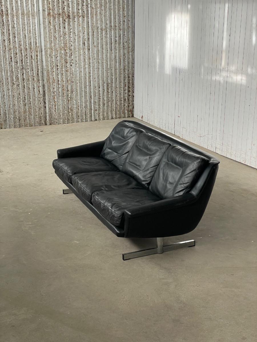 Vintage black leather 3-seat sofa 1960s 