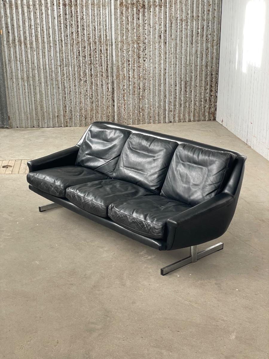 Vintage black leather 3-seat sofa 1960s 