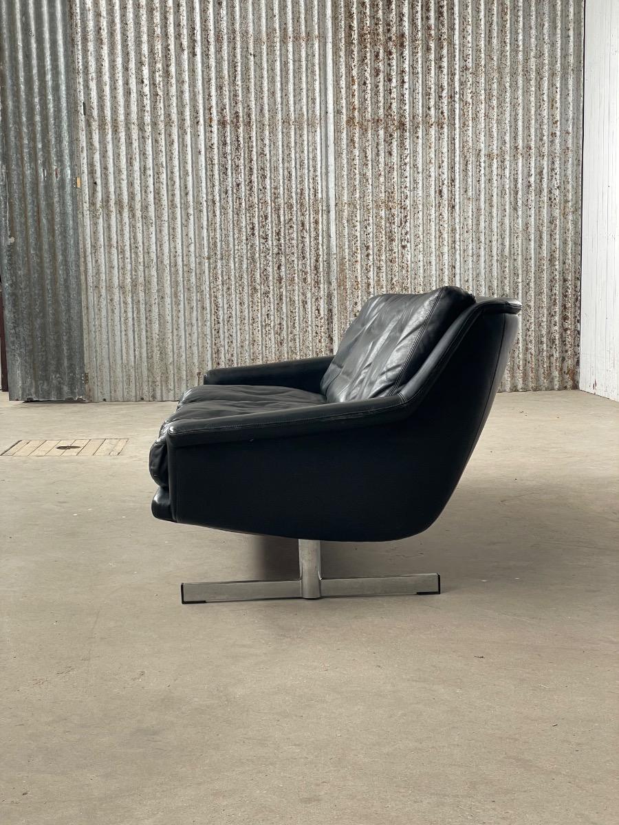 Vintage black leather 3-seat sofa 1960s 