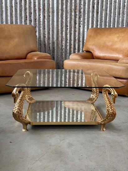Vintage Brass Swan Coffee Table 1970s